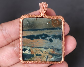Wire Wrapped Java Jasper Pendant: Copper Opalized Wood Gemstone
