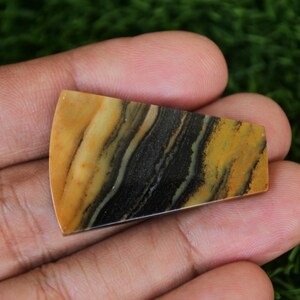 May include: A yellow, black, and white banded agate cabochon with a curved edge. The cabochon is approximately 2 inches long and 1 inch wide.