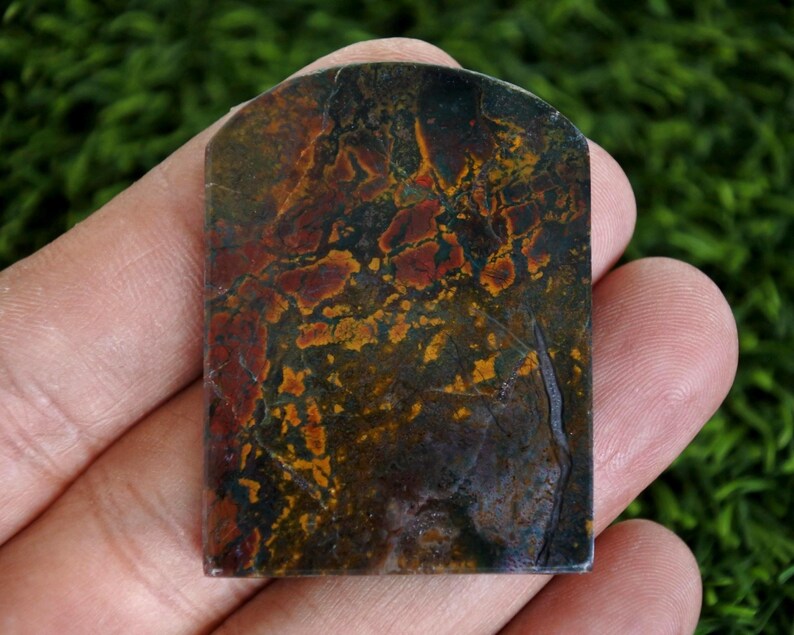 以下が含まれることがあります： 長方形で研磨された石で、上部が丸みを帯びています。石は、濃い茶色、赤、金色の複雑な模様を特徴としています。石は、ぼやけた緑色の背景に対して、手で持たれています。