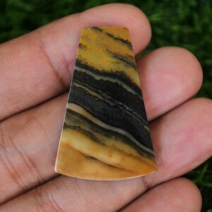 May include: A yellow and black striped cabochon gemstone with a smooth, polished surface. The gemstone is shaped like a triangle with rounded edges.