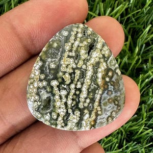 May include: A teardrop-shaped gemstone with a distinctive pattern of olive green, white, and brown spots. The polished stone is held in a hand, highlighting its natural beauty. The stone's surface has a speckled appearance, with a mix of colours and textures.