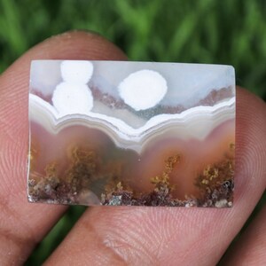 May include: A polished agate cabochon with a white, pink, and brown color scheme. The agate features a dendritic pattern and white circular inclusions.