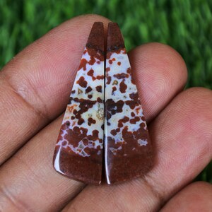 Op de afbeelding: Een paar bruine, witte en zwarte agaat cabochons met een driehoekige vorm. De cabochons hebben een gevlekt patroon.