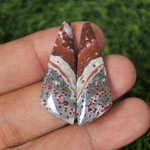 May include: Two teardrop-shaped cabochons of red, white, and gray agate with a speckled pattern. The stones are approximately 2 inches long.