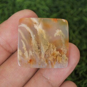 Può includere: Un cabochon di agata di forma quadrata con un motivo dendritico bianco, marrone e arancione. L'agata è traslucida e lucidata a una finitura liscia.