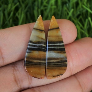 Pode incluir: Um par de cabochões em forma de lágrima com um padrão de bandas de marrom, preto e branco. Os cabochões são polidos e têm um acabamento liso e brilhante.