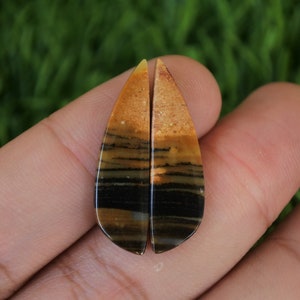 May include: Two teardrop-shaped cabochons of banded agate with brown, black, and yellow stripes.