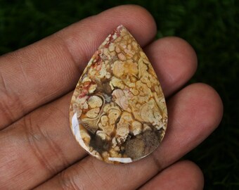 May include: A teardrop-shaped cabochon of agate with a swirling pattern of brown, white, and orange.
