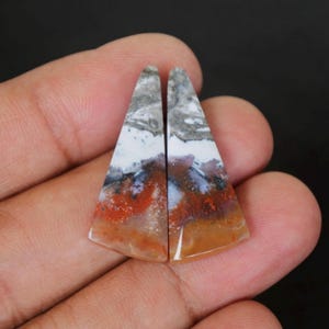 May include: Pair of triangular shaped agate cabochons with a white, gray, brown, and red color pattern.