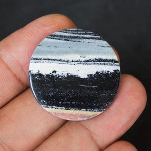 May include: A circular gemstone with a polished surface, displaying a layered pattern of black, white, grey, and tan hues. The stone is held in a hand, highlighting its smooth, glossy finish. The design resembles a miniature landscape.