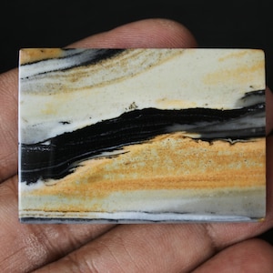 May include: A rectangular slab of polished stone with a layered pattern of black, white, and brown. The stone has a natural, organic look.