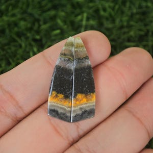 May include: Two teardrop-shaped cabochons of polished, multi-colored, natural stone. The stone is a mix of black, white, yellow, and brown. The cabochons are approximately 2 inches long.