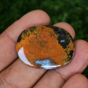 Może przedstawiać: Gładki, owalny, polerowany kamień o unikalnym wzorze w kolorze pomarańczowym, czarnym i białym. Kamień ma błyszczące wykończenie i jest naturalnym kamieniem szlachetnym.