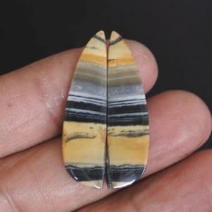 Puede incluir: Dos cabujones de piedras preciosas pulidas con un patrón en capas de bandas negras, blancas, grises y amarillo-anaranjadas. Las piedras en forma de lágrima se sostienen en una mano sobre un fondo oscuro.
