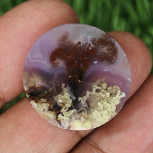Könnte beinhalten: Ein runder, violetter Achat-Cabochon mit braunen und gelben dendritischen Einschlüssen. Der Achat ist durchscheinend und zeigt komplizierte Muster.