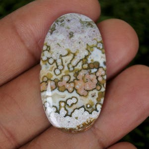 Puede incluir: Gema ovalada con un patrón único. La piedra presenta una mezcla de colores, incluyendo blanco, crema, rosa claro y verde oliva. El diseño se asemeja a un patrón floral u orgánico, con formas pequeñas, circulares e irregulares. La gema está sostenida en una mano.