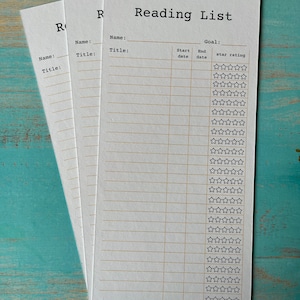 May include: Three white sheets of paper with a reading list on the front. The list includes columns for the book name, author, start date, end date, and a star rating system.