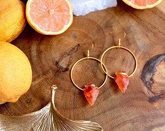 Carnelian Crystal Hoop Earrings Arrowhead Wire Wrapped Jewelry