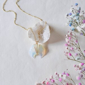 Opalite Crescent Moon Crystal Gemstone Necklace Wire Wrapped Jewelry