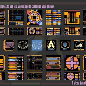 May include: A collection of 24 Star Trek themed widgets in three sizes: small, medium, and large. The widgets feature various designs, including a warp speed indicator, a starfleet command logo, and a 28041 C display.