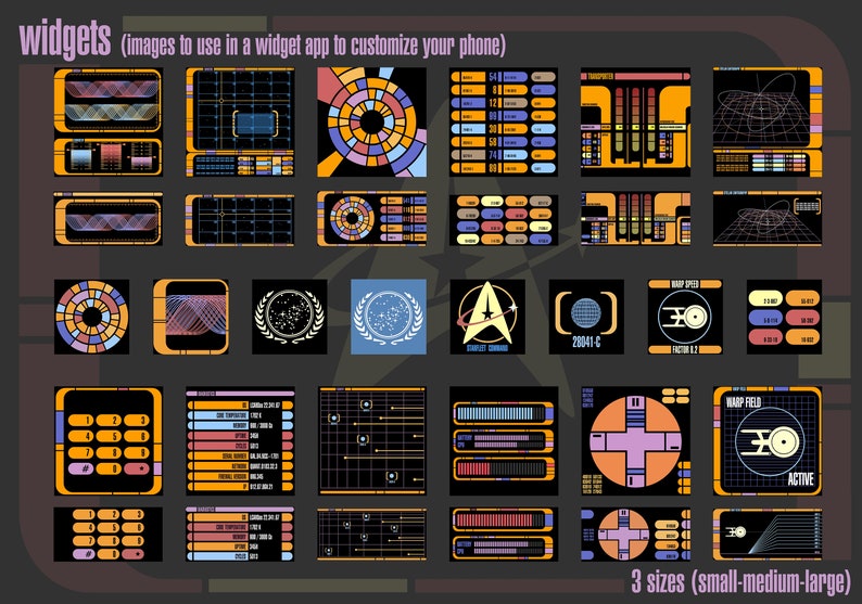 May include: A collection of 24 Star Trek themed widgets in three sizes: small, medium, and large. The widgets feature various designs, including a warp speed indicator, a starfleet command logo, and a 28041 C display.