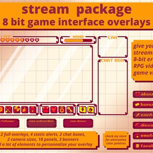 Paquete de transmisión de Twitch, superposición de Twitch, tema de inventario de videojuego RPG de 8 bits, superposición de pantalla de Windows (fuego)