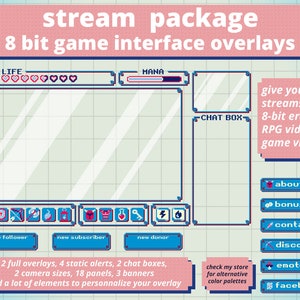 pacchetto streaming overlay twitch / tema videogioco inventario RPG a 8 bit / overlay schermata Windows (rosso/blu)