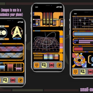 May include: Three different sized images of a Star Trek themed phone screen with a black background, orange and yellow accents, and a variety of graphics and text. The text includes "Warp Speed", "Factor 1.2", "Starfleet Command", "Battery", "DPI", and "28041-6".