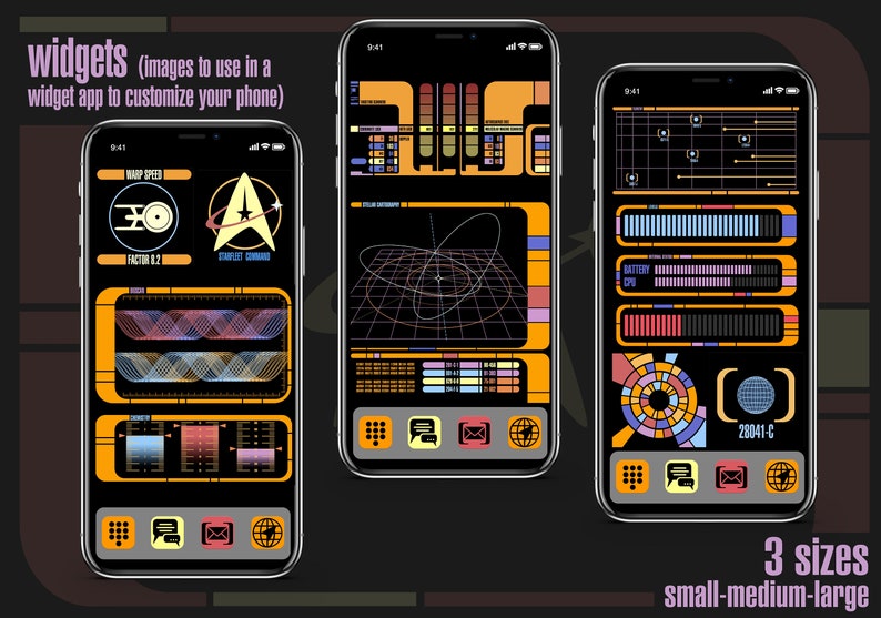 May include: Three different sized images of a Star Trek themed phone screen with a black background, orange and yellow accents, and a variety of graphics and text. The text includes "Warp Speed", "Factor 1.2", "Starfleet Command", "Battery", "DPI", and "28041-6".