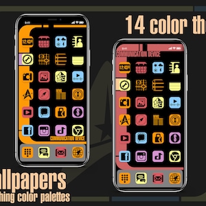 May include: Two phone screen mockups with 14 different color themes for a Star Trek themed phone app. The app icons are in a grid layout and include icons for social media, music, and other apps. The text "COMMUNICATION DEVICE" is displayed on the screen. The text "14 color themes" and "2 wallpapers with matching color palettes" is displayed below the mockups.