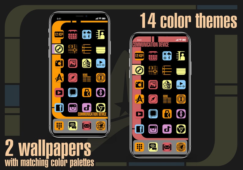May include: Two phone screen mockups with 14 different color themes for a Star Trek themed phone app. The app icons are in a grid layout and include icons for social media, music, and other apps. The text "COMMUNICATION DEVICE" is displayed on the screen. The text "14 color themes" and "2 wallpapers with matching color palettes" is displayed below the mockups.