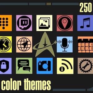 May include: A graphic showing 250 icons in 14 color themes. The icons are arranged in a grid of 5 rows and 7 columns. The icons are all black and white and are set against a variety of colored backgrounds. The icons include a phone, a camera, a microphone, a music note, a globe, a clock, a lock, a wrench, a chat bubble, a picture, a location pin, and a calendar.
