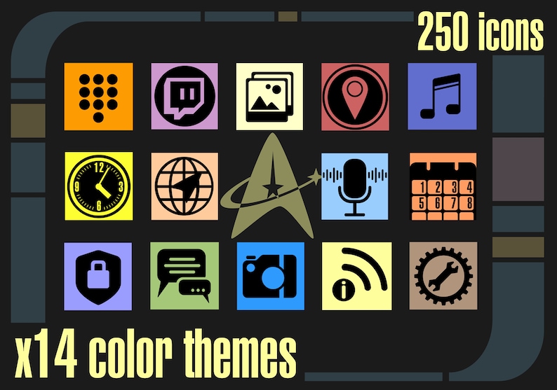 May include: A graphic showing 250 icons in 14 color themes. The icons are arranged in a grid of 5 rows and 7 columns. The icons are all black and white and are set against a variety of colored backgrounds. The icons include a phone, a camera, a microphone, a music note, a globe, a clock, a lock, a wrench, a chat bubble, a picture, a location pin, and a calendar.