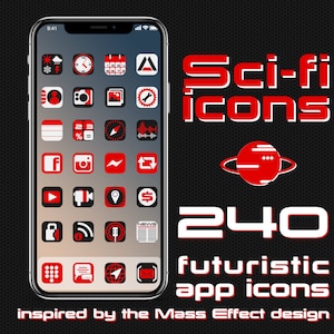 Puede incluir: Una captura de pantalla de un iPhone que muestra 240 iconos de aplicaciones futuristas inspirados en el diseño de Mass Effect. Los iconos son rojos y negros y presentan una variedad de formas y símbolos. El texto "Iconos de ciencia ficción" y "240 iconos de aplicaciones futuristas" se muestra en la pantalla.