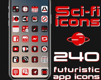May include: A screenshot of an iPhone displaying 240 futuristic app icons inspired by the Mass Effect design. The icons are red and black and feature a variety of shapes and symbols. The text "Sci-fi icons" and "240 futuristic app icons" is displayed on the screen.