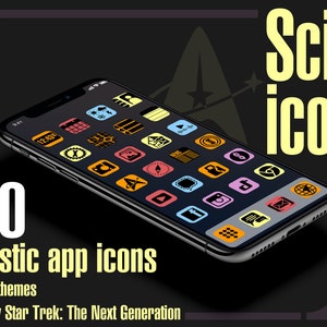 May include: A smartphone mockup displaying a grid of colorful app icons with a sci-fi theme. The icons are inspired by Star Trek: The Next Generation. The text "Sci-fi icons" and "250 futuristic app icons" are visible on the image.