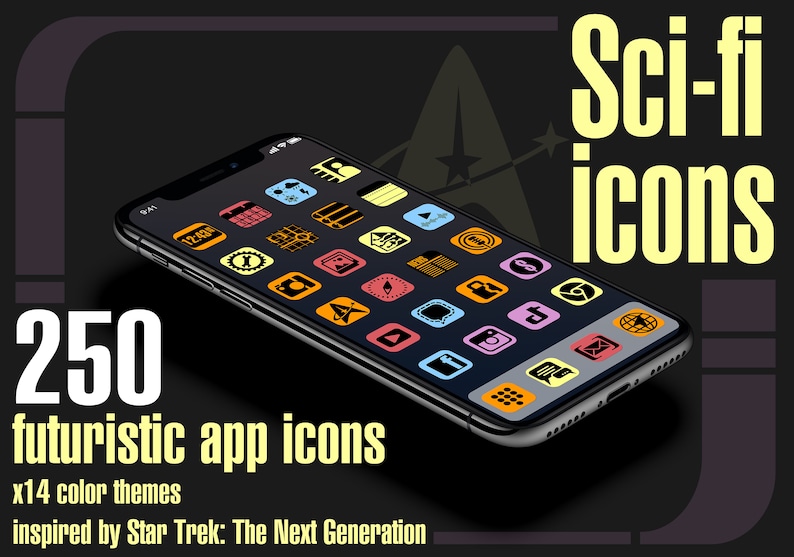 May include: A smartphone mockup displaying a grid of colorful app icons with a sci-fi theme. The icons are inspired by Star Trek: The Next Generation. The text "Sci-fi icons" and "250 futuristic app icons" are visible on the image.