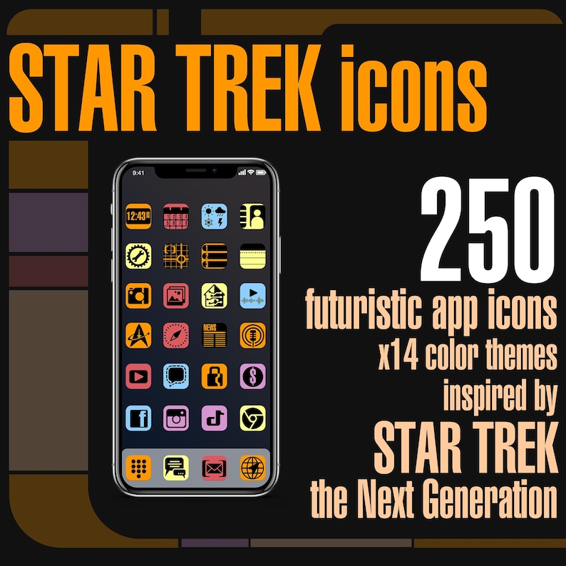 May include: A smartphone screen displaying 250 futuristic app icons inspired by Star Trek: The Next Generation. The icons are in a grid pattern and feature a variety of colors, including yellow, orange, blue, and green.