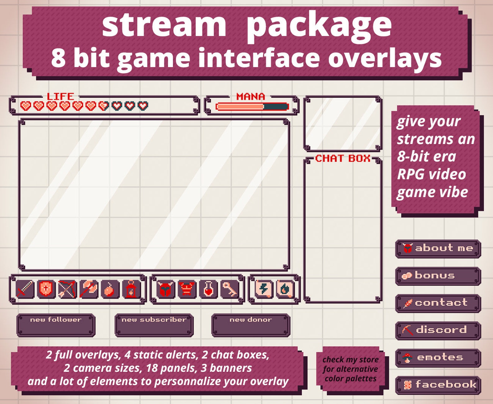 Stream Package Twitch Overlay / 8 Bit RPG Inventory Video Game Theme ...