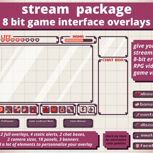 stream package twitch overlay / 8 bit RPG inventory video game theme / windows screen overlay (purple)