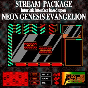 Peut inclure: Une interface de package de diffusion en continu futuriste de couleur vert néon, rouge et orange inspirée de l'anime Neon Genesis Evangelion. L'interface comprend un chronomètre, un chat, des notifications de nouveaux abonnés et de nouveaux abonnés. Le texte "STREAM PACKAGE" et "NEON GENESIS EVANGELION" est affiché en haut de l'image.