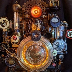Unique handmade wall clock made of rare military watches, steampunk style