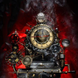 May include: A steampunk-style clock with a brass and bronze finish. The clock features a round face with Roman numerals, gears, and intricate mechanical details. Smoke adds to the dramatic effect against a red and black background.
