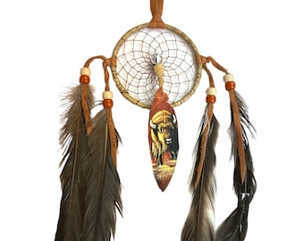 HANDMADE 3" DREAMCATCHER with hand painted FEATHER , southwest art , arts & crafts , buffalo
