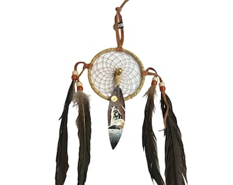 HANDMADE 3" DREAMCATCHER with hand painted FEATHER , southwest art , arts & crafts , howling wolf , full moon