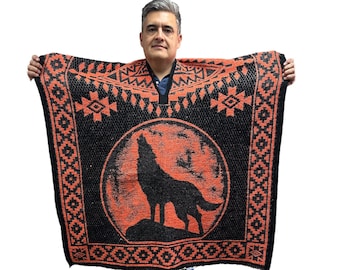 MEXICAN PONCHO WOLF , One Size , Winter Poncho , Unisex , Howling Wolf , Orange