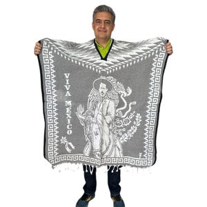 3XL MEXICAN REVOLUTION PONCHO  , One Size , Winter Poncho , Unisex , Pancho Villa , Emiliano Zapata  , light gray & white