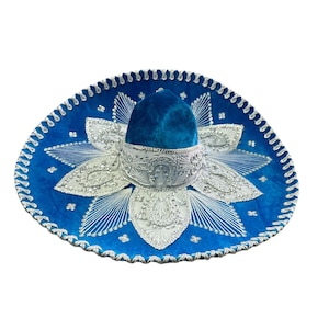 MEXICAN MARIACHI HAT , charro , sombrero , mariachi , one size , 22" , adult , costume , Turquoise - Silver