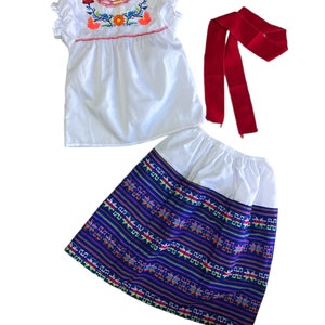 Girls  MEXICAN  DRESS SET, Mexican 3 piece set , skirt, shirt and belt , handmade , embroidered, made in Mexico , sizes available
