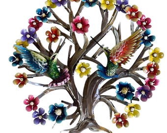 HANDPAINTED METAL TREE, Hummingbirds,  Outdoor, 3D, metal sculpture, indoor, patio decor, wall decor, made in Mexico, 17" x 19" . 02